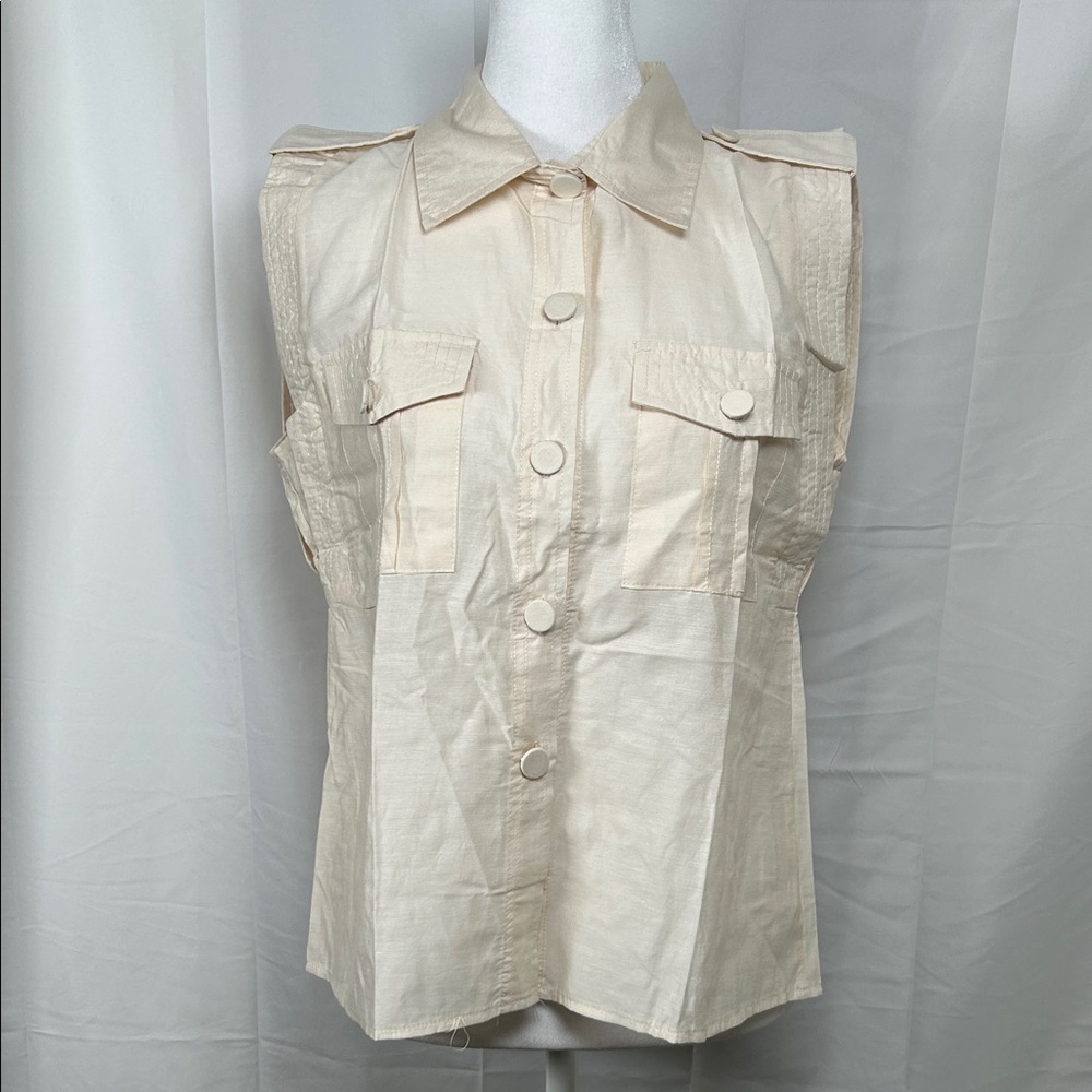 Sleeveless Button Blouse Small Cream Minimalist Workwear Top